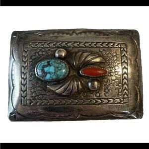 VTG Signed Richard Henry Yazzie Navajo Sterling Belt Buckle w/Turquoise & Coral